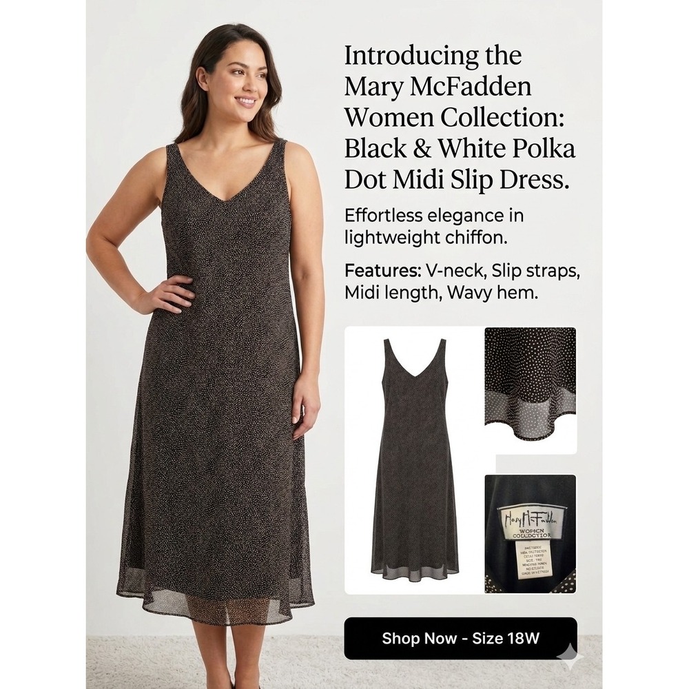 Mary McFadden Women Black White Polka Dot Midi Slip Dress Chiffon 18W 7005W